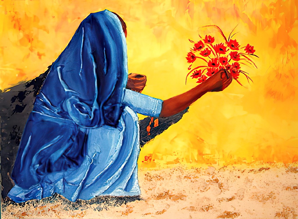2003 06-Sajaawat.jpg - Année 2003 - 65 x 50 cm  Tissu et sable collés, huile au pinceau et au couteau sur toile